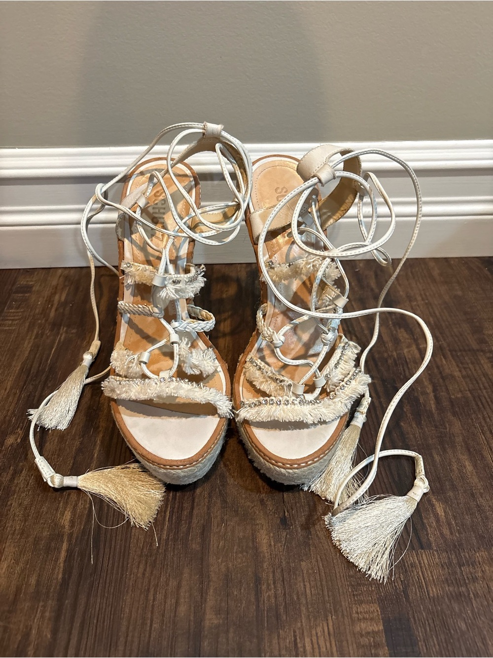 SCHUTZ White Fringed Lace-Up Espadrille Wedges